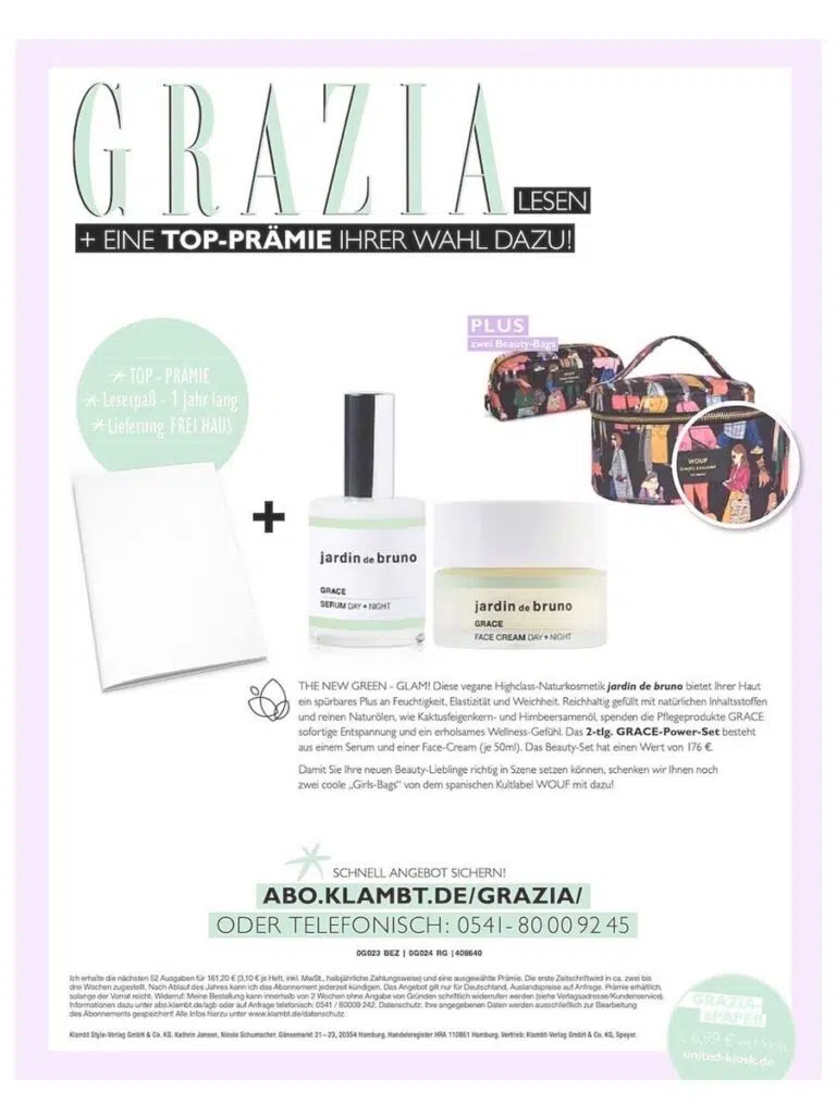 Grazia Magazin, Abo Werbung mit der Serie Grace. Grazia Magazin, Abo Werbung mit der Serie Grace.