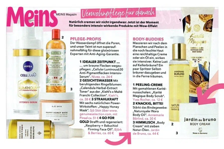 MEINS Magazin zu der Body Cream von Jardin de Bruno in der Presse.